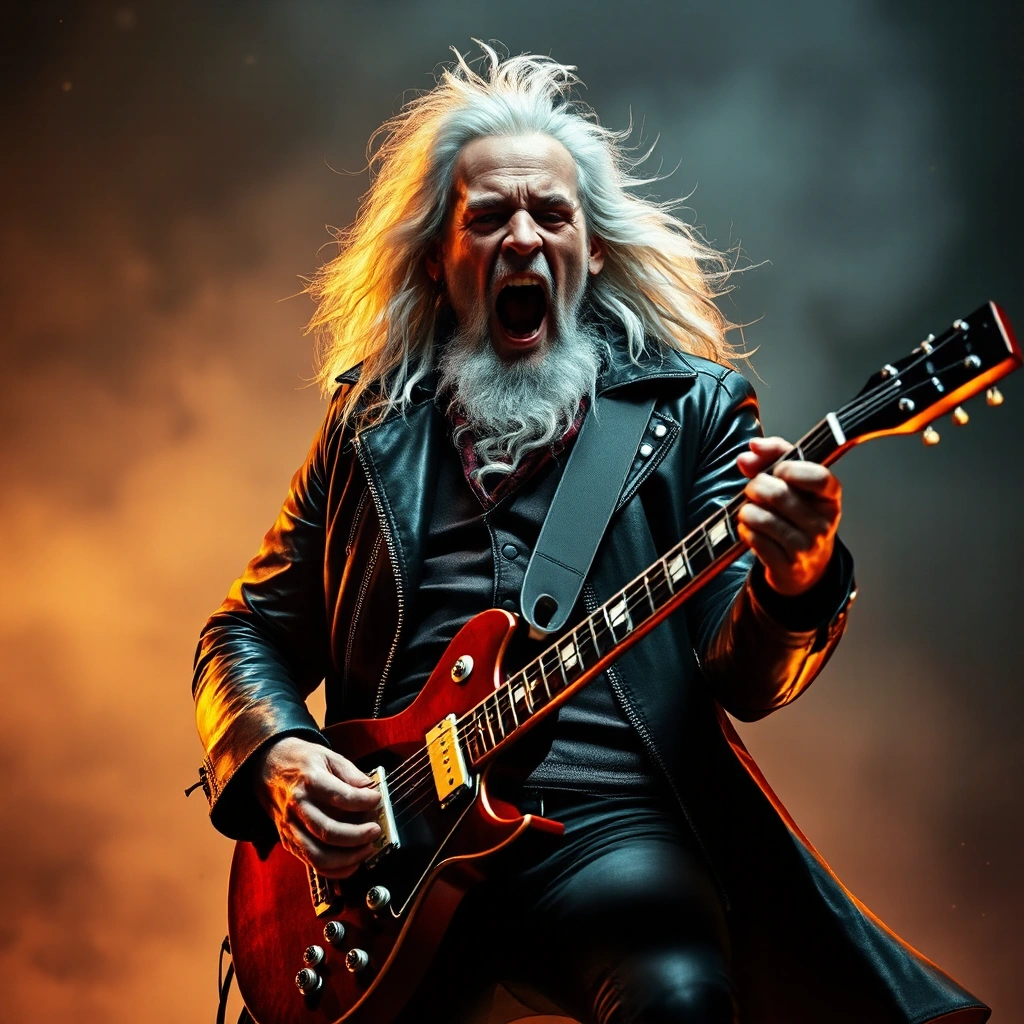 professor Dumbledore with rock electric guitar screaming wearing a biker jacket harry potter theme world