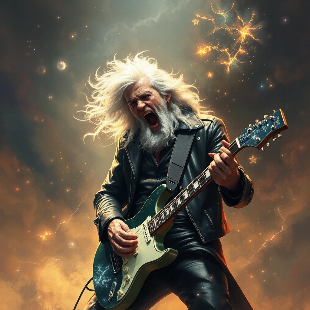 professor Dumbledore with rock electric guitar screaming wearing a biker jacket harry potter theme world