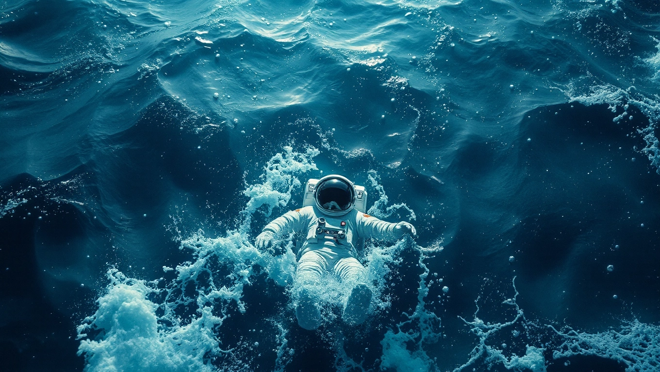 An astronaut drowning in the ocean