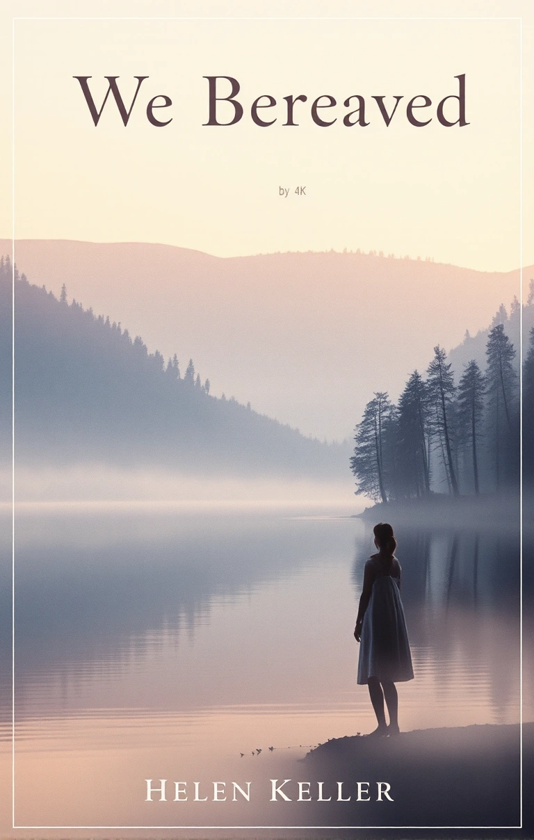 A book cover for We Bereaved by Helen Keller, featuring a breathtakingly serene landscape of a still lake at dawn, bathed in soft, warm pastel light that gently dances across the water's surface. The surrounding gentle hills, adorned with tall, slender trees, cast subtle, whispery reflections on the lake, evoking a sense of tranquility through a muted color palette of lavender, soft blues, and light grays. In the foreground, a lone, slim figure stands by the water's edge, its silhouette shrouded in morning mist, infusing the scene with a quiet, introspective mood. The title We Bereaved appears in bold, refined serif font at the top, with the author's name 'by Helen Keller' written in smaller, elegant script below, both in a subtle, creamy white that complements the peaceful atmosphere. The overall design exudes a sense of calm, inviting readers to immerse themselves in nature's soothing solace and find comfort in the stillness.