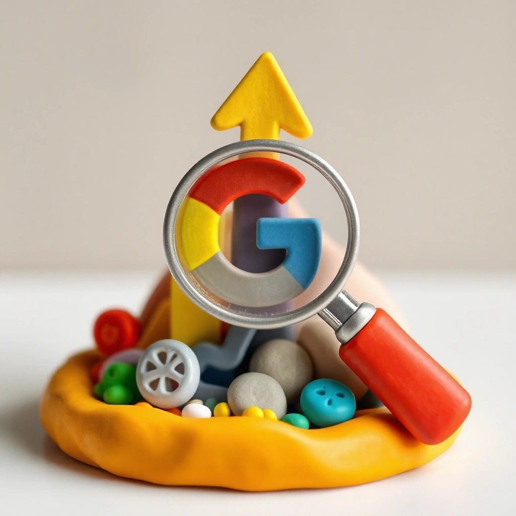 Magnifying glass and google logo and upward arrow showing growth and marketplace symbols.