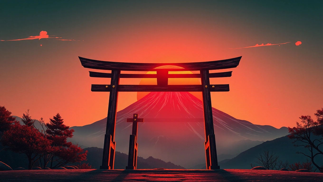 A serene and symbolic digital illustration of the concept of Kaizen, set against the majestic backdrop of a traditional Japanese torii gate, adorned with intricately carved vermilion wood and subtle golden accents, standing proudly at the foot of a majestic mountain peak. The gate's rustic, weathered texture contrasts beautifully with the vibrant, deep crimson hue of the setting sun, which rises behind the peak, casting a warm, golden glow across the serene landscape. The sun's silhouette takes the shape of a stylized, abstract form, conveying the idea of continuous growth and improvement. The atmosphere is peaceful, with a few wispy clouds scattered across the sky, and a subtle mist veiling the mountain's base, evoking a sense of reverence and contemplation. The overall aesthetic is a harmonious blend of traditional Japanese design elements and modern, simplistic styling, with bold lines, geometric shapes and a predominantly earthy color palette, invoking feelings of balance, refinement, and spiritual growth