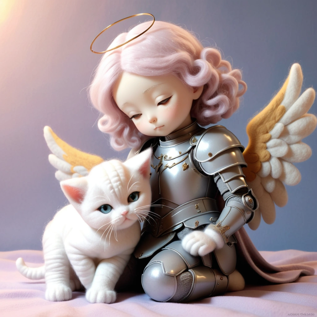 Heavenly beautiful armored angel petting kitten