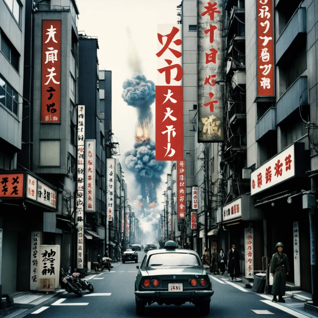 a movie poster about a war movie, movie poster, japanese street, cityscape
