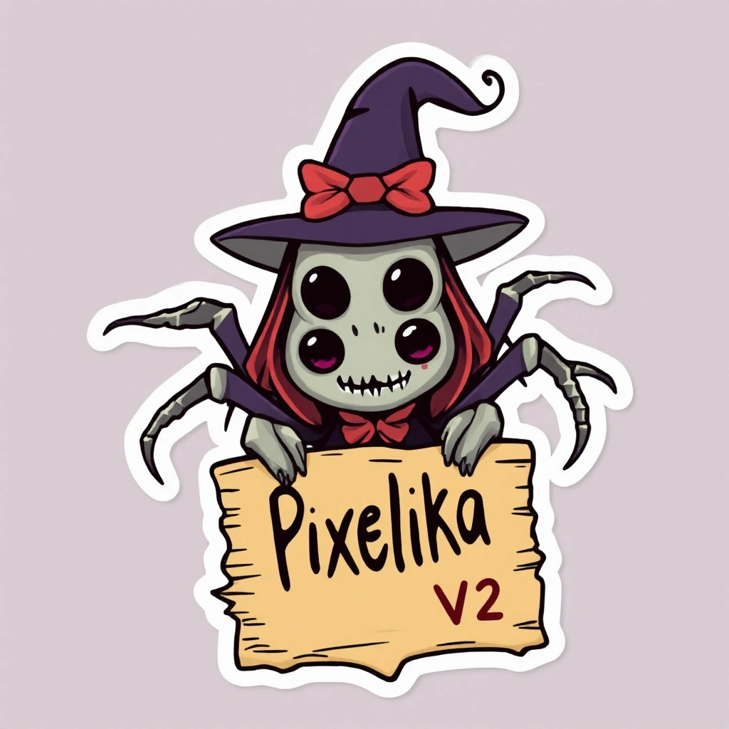 scary witch spider holding a sign that says "Pixelika V2"