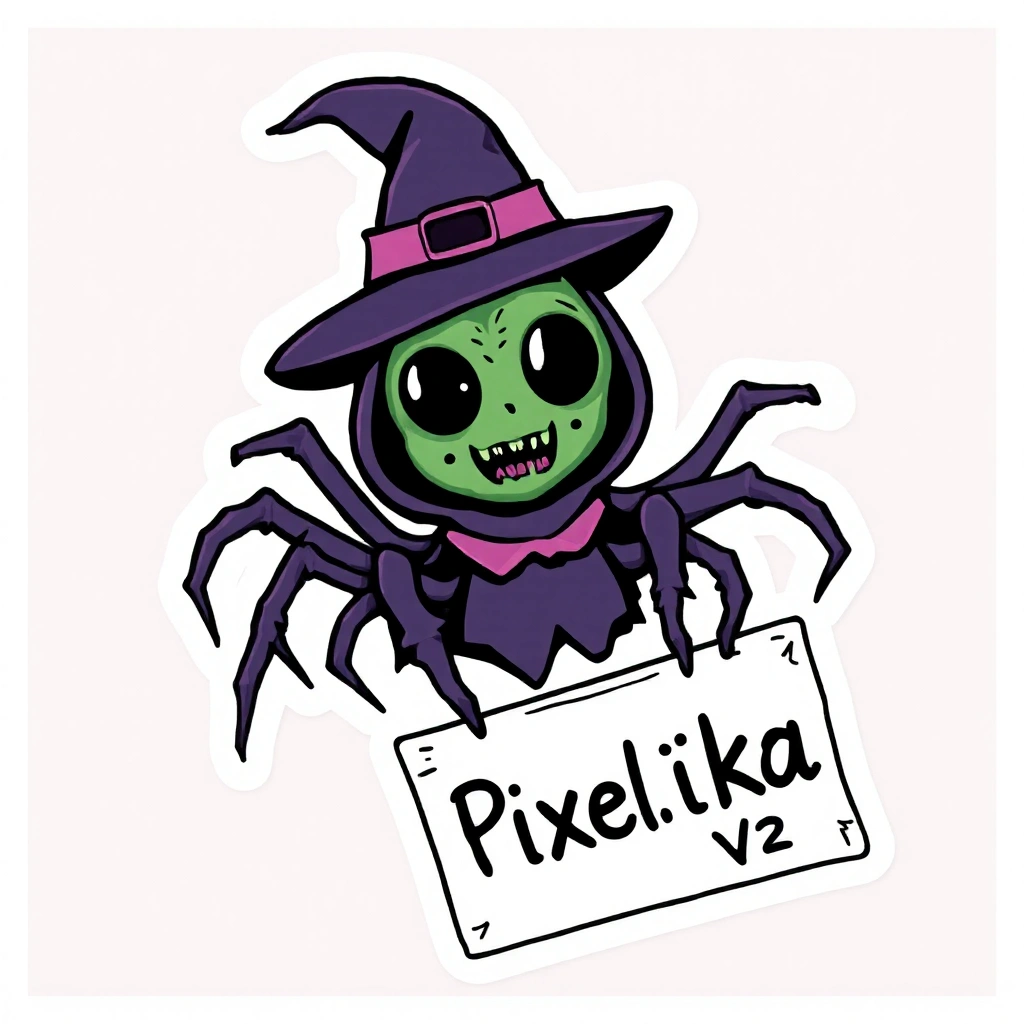 scary witch spider holding a sign that says "Pixelika V2"