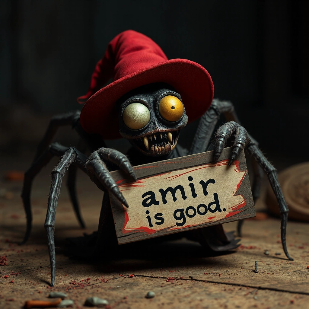 scary witch spider holding a sign that says "amir is good"