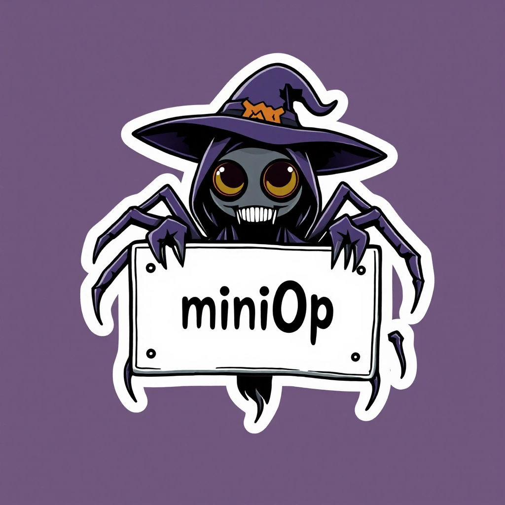 scary witch spider holding a sign that says "miniOp"