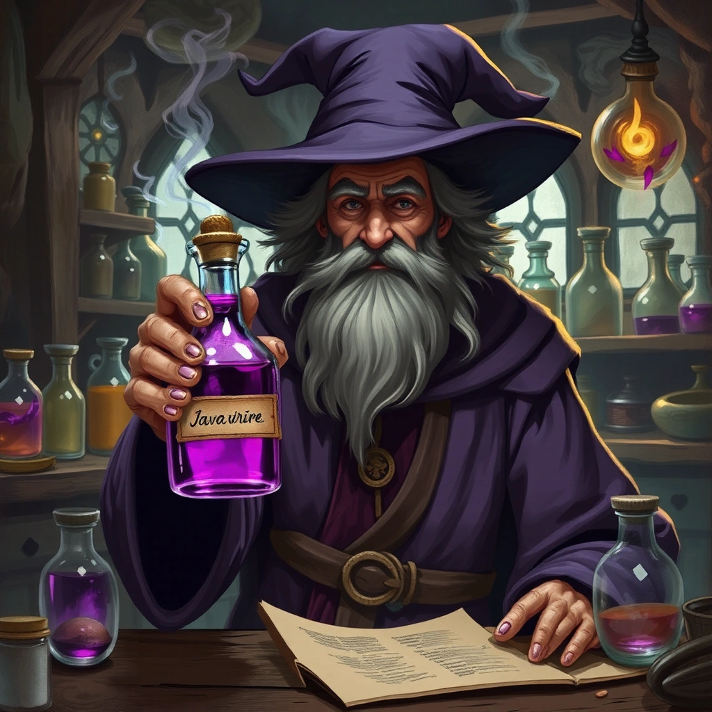 a wizard in a fantasy laboratory, holding a purple potion with a label on it that says "javane"