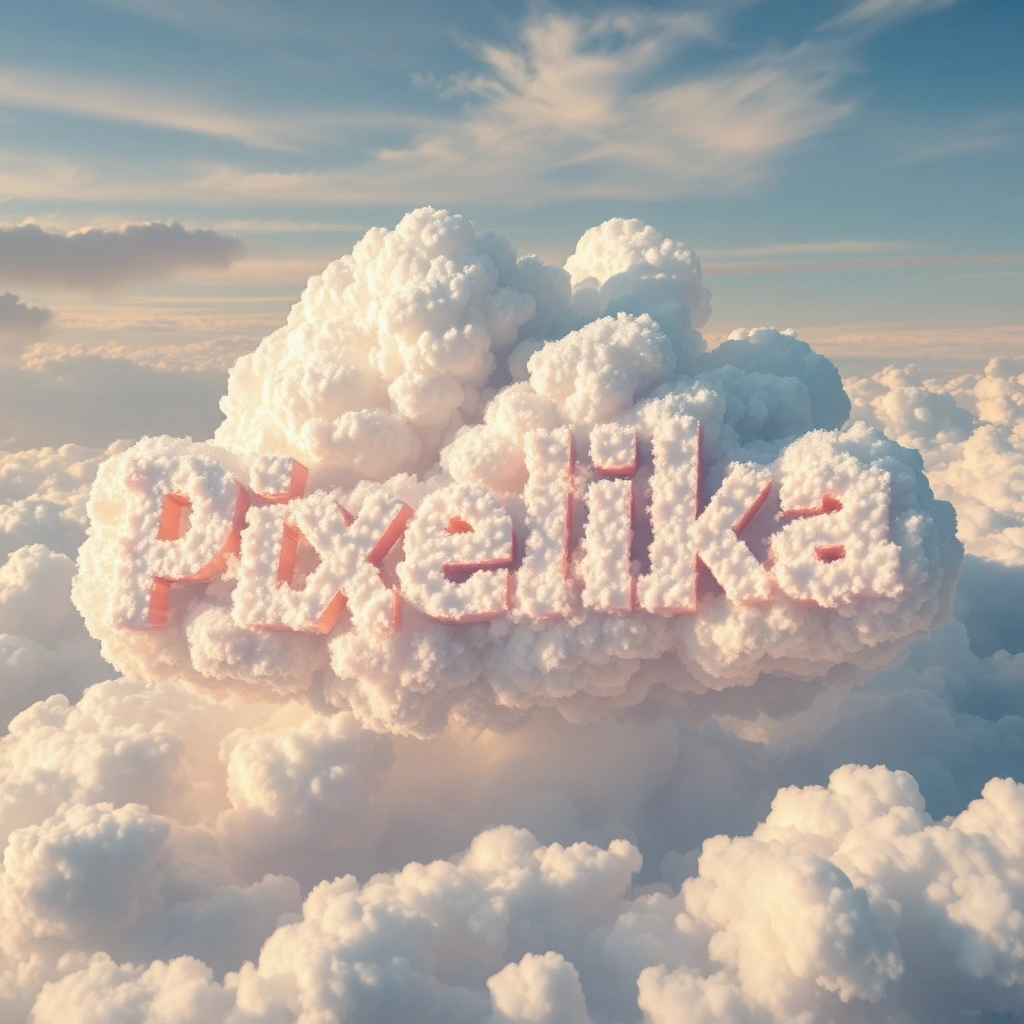 Cloud shaped text of "Pixelika", hyperrealistic