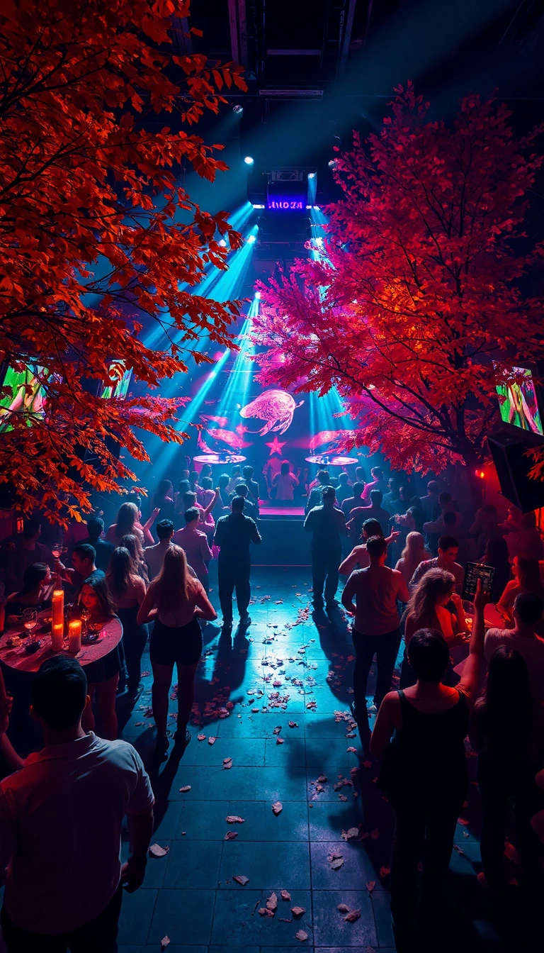 a club in autumn, 4k , ultra detail , cinematic , full screen, 1920*1080, people dance