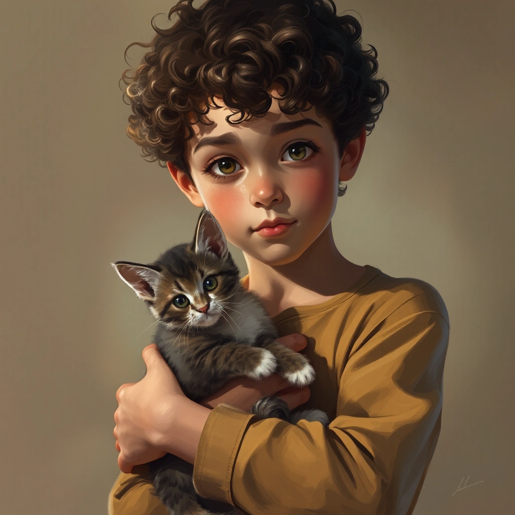 boy with curly hair holding a kitten