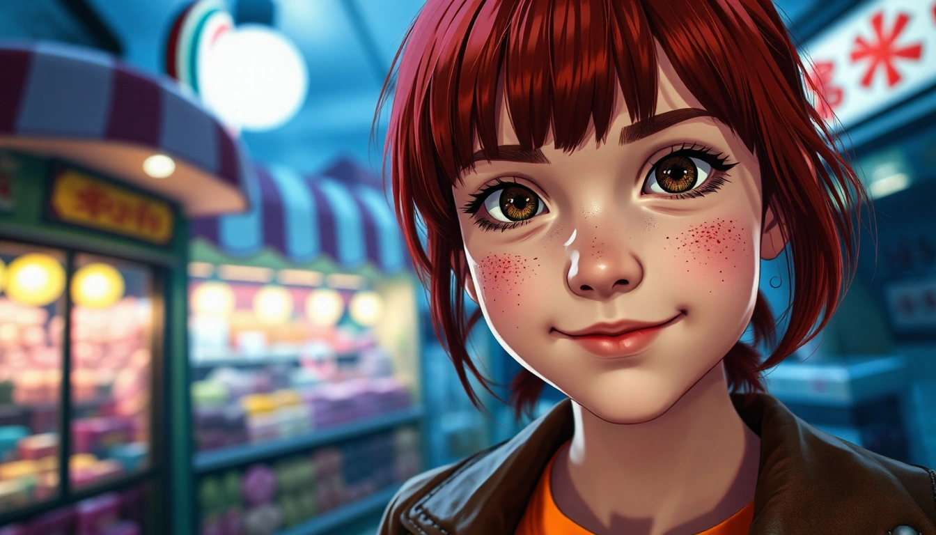 The camera is about 2 feet away from the face of an cute red haired girl, hair with bangs, a candy store behind her.  The girl has a mischievous smile and freckles.  She is wearing an orange shirt and a brown leather jacket.  Everything else has a bluish tint.