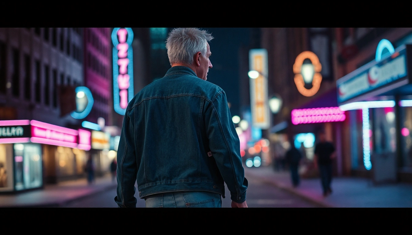 A man walking down a street, the camera is across the street, facing his right side and is about shoulder height.  The man is a middle aged white man with short, spike grey hair. He is wearing a blue denim jacket and faded light blue jeans and white high top basketball shoes - all visible in the photo.  The scene is downtown Buffalo, at night. Lots of pink and blue neon lights.