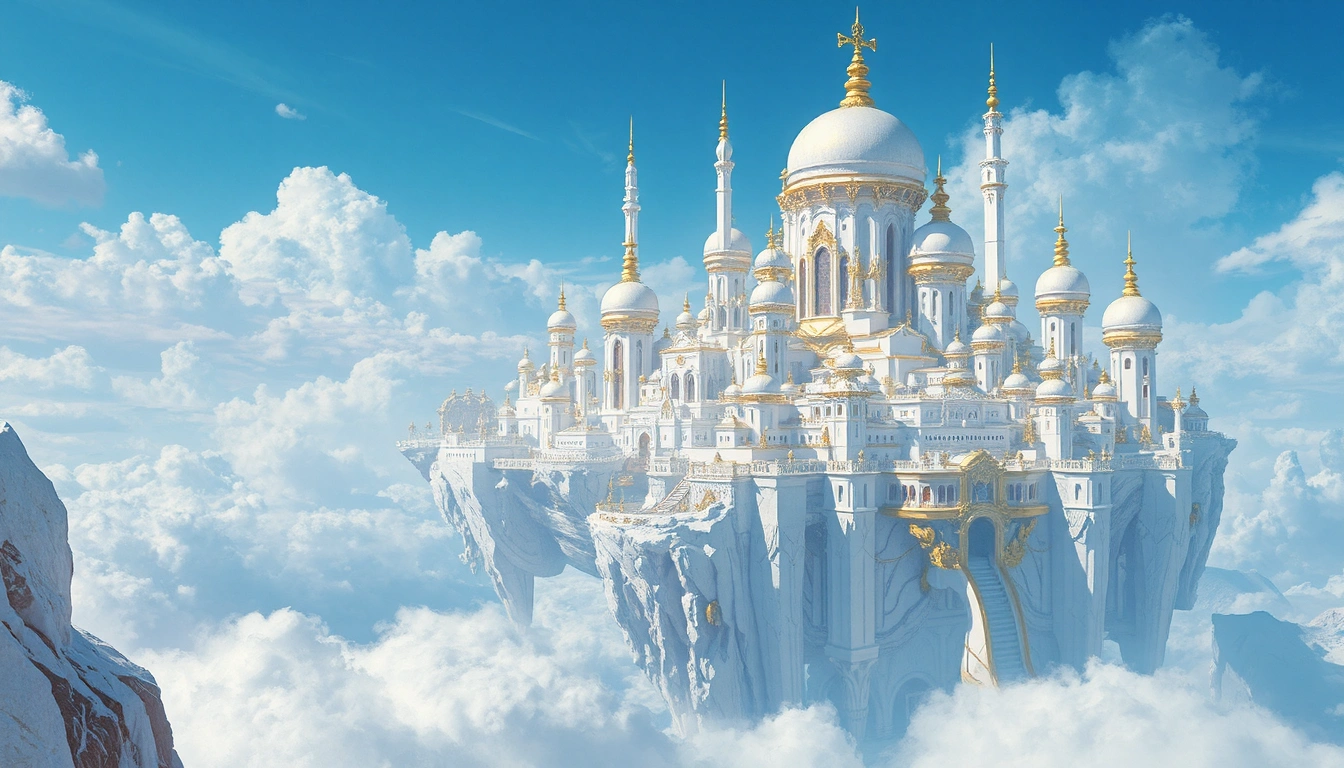 A white city trimmed with gold, floating in the blue sky above it, fantasy, highly detailed, digital painting, artstation, concept art