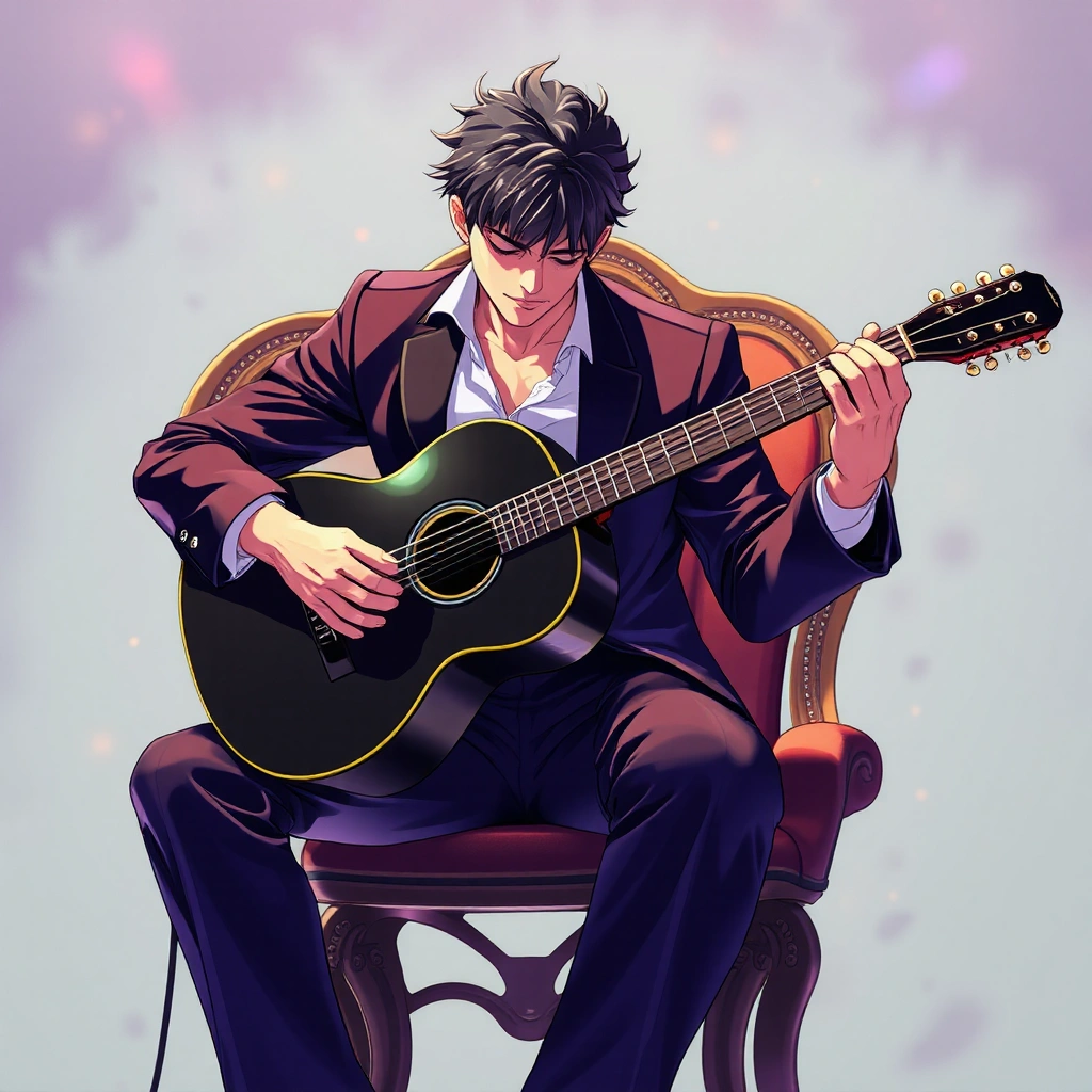 flamenco guitar player with black guitar sitting on a chair and playing an acoustic guitar