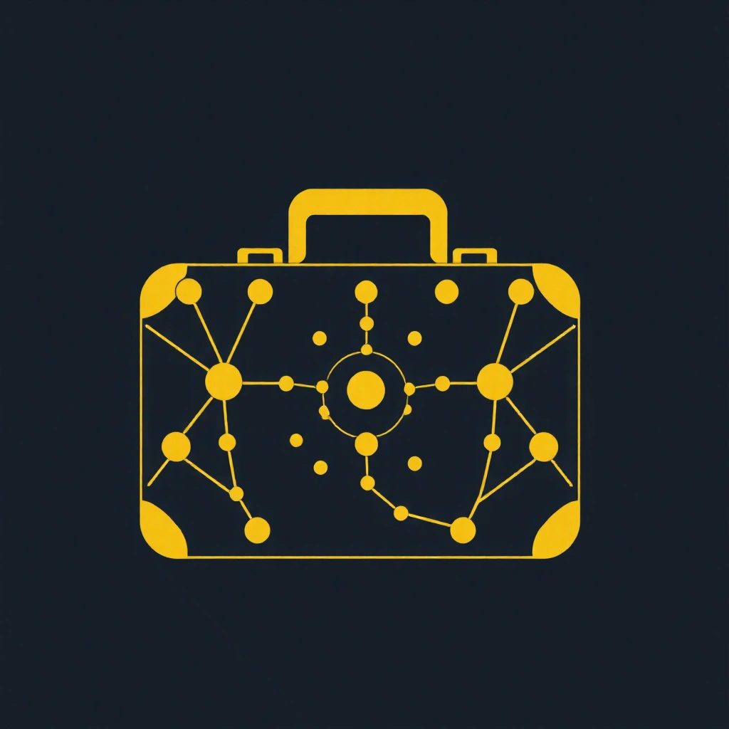 yellow nodes, briefcase, in dark background, circle