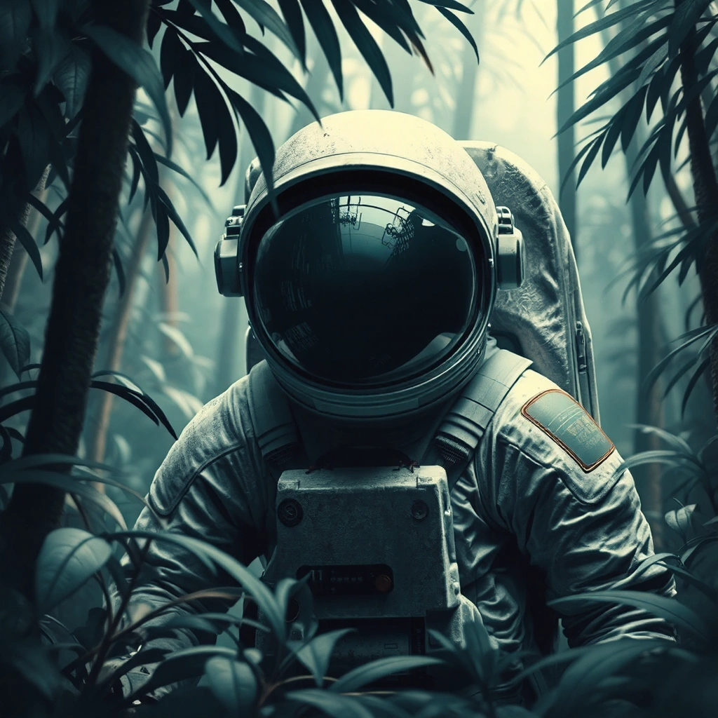Astronaut in a jungle, cold color palette, muted colors, very detailed, sharp focus