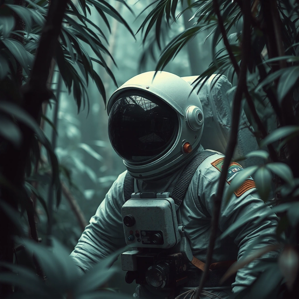 Astronaut in a jungle, cold color palette, muted colors, very detailed, sharp focus