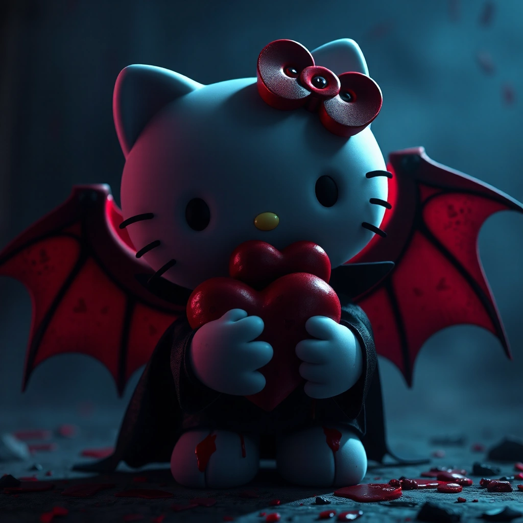 vampire hello kitty holding a heart, blood
