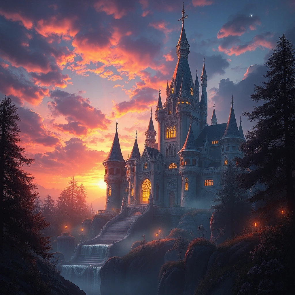 fancy castle at sunset, digital art, beautiful composition, cinematic lighting, hdr, stunning,highly detailed
