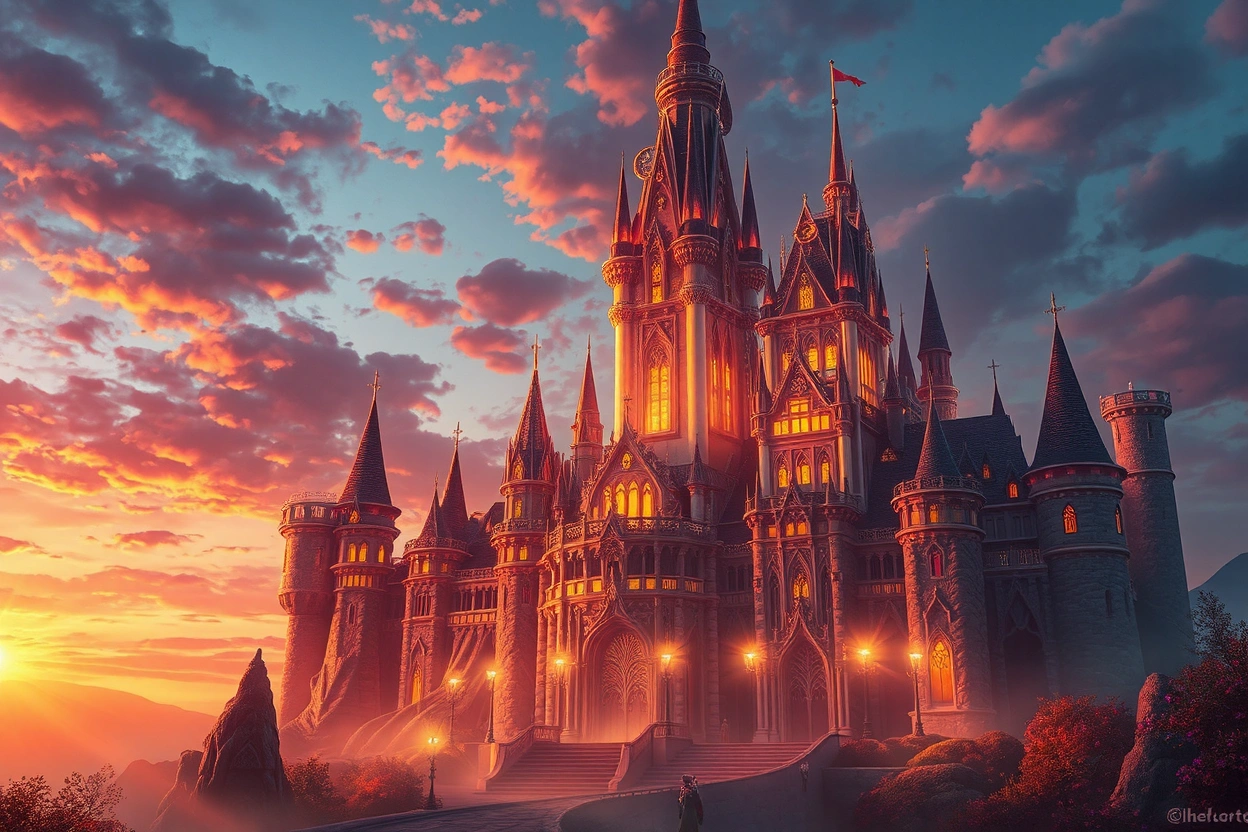 fancy castle at sunset, digital art, beautiful composition, cinematic lighting, hdr, stunning,highly detailed