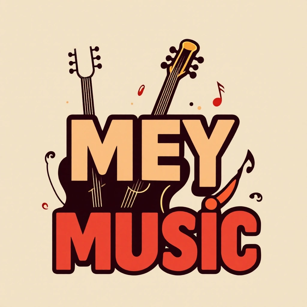 A logo for a channel named "Mey Music" with musical themed graphics and arts. minimal, simplistic. use short letters in combination of the full name in an artistic way. combine the name with a musical instrument in an artistic way .also include musical notes and other artistic stuff in the logo.