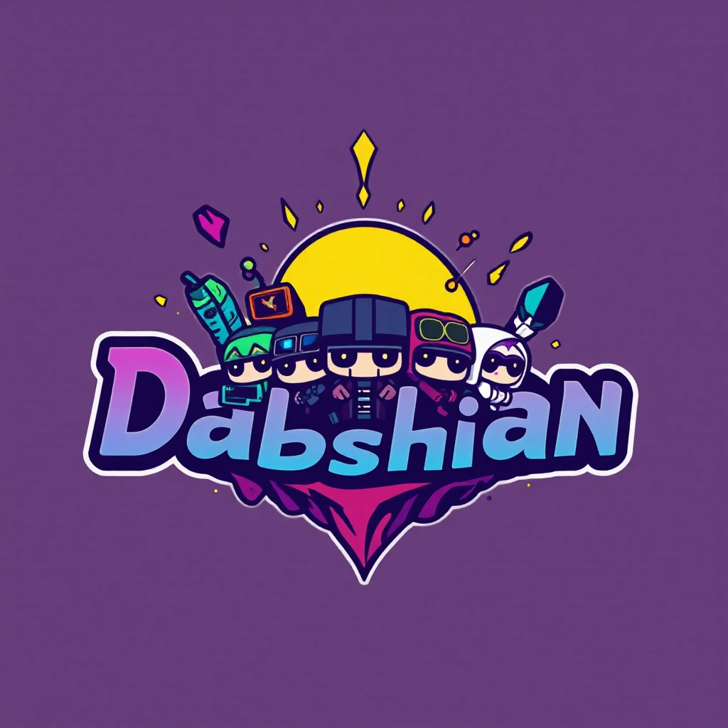 A logo for a channel named "Dabshian". fantasy vibe, vibrant color scheme, combine the name of the group with gaming stuff in an artistic way. minimalistic. also include random iconical gaming characters in chibi.