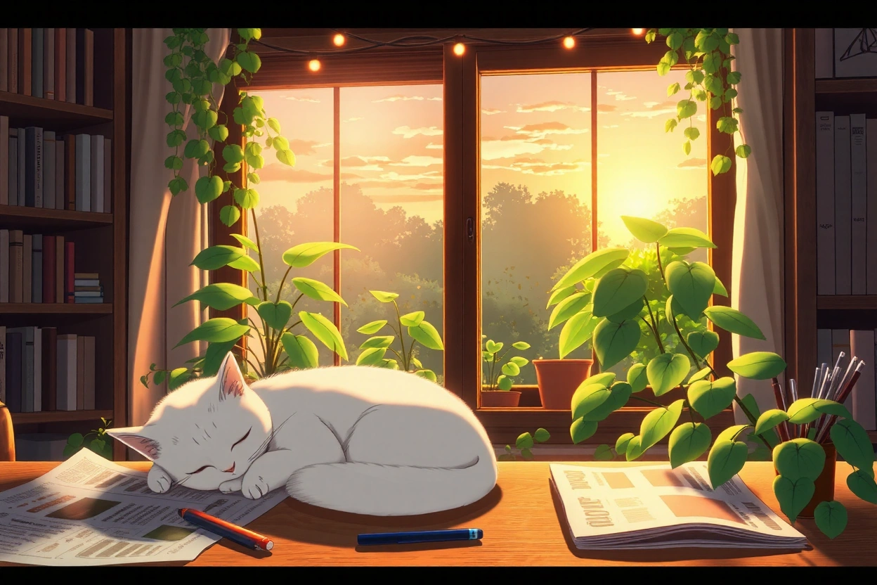 Studio Ghibli style a cozy indoor scene featuring a sleeping white cat curled up on a table beside window. there is a newspaper,some pens left irregular on the table too.
In the background, there are bookshelves filled with books, and lush green plants are growing by the window, with warm sunlight streaming in.Soft string lights are visible above, enhancing the warm, peaceful vibe of the space. The warmness of sunset reflecting through the window, making it nostalgic vibe. Highly detailed room decoration,full HD,8K resolution anime style illustration.