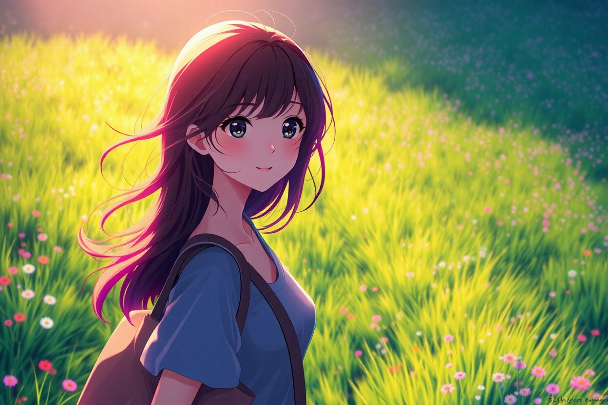 masterpiece, beautiful girl, A digital illustration of anime style, digital paintings of her, beautiful face, A beautiful girl walking with a bag on a grassy field, surrounded by a vast expanse of greenery and wildflowers, Her hair is gently swaying in the breeze, and the sun is shining down on her, casting a warm glow on her skin, heroines, delicate skin, beautiful hair, large eyes, three dimensional effect, enhanced beauty, Albert Anker, Feeling like Albert Anker, Kyoto Animation, Feeling like Kyoto Animation, brown hair, a little smile, luminism, black eye, 3d render, octane render, cinematic, Isometric, by yukisakura, awesome full color,