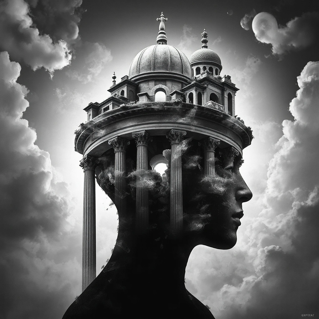 A meticulously designed photography piece captures the fascinating contrast between iconic Roman architectural shapes and a human form. The intricate details of Roman columns, arches, and domes emerge organically from the head, creating a surreal and enigmatic visual narrative. The high-contrast black-and-white composition is visually striking, drawing viewers in with its avant-garde approach. Every detail is expertly crafted, showcasing the clear talent and skill of the artist behind this captivating image.