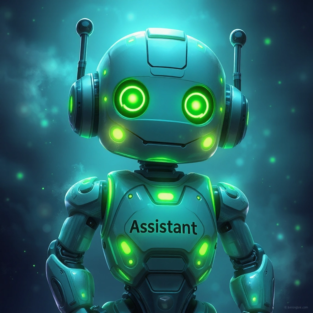Cute robot with lime green lights, text of *Assistant* on his chest